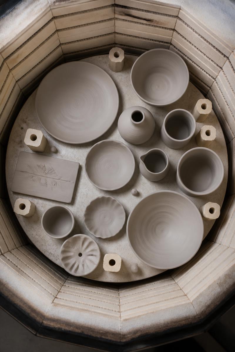 Raw unglazed pottery loaded onto a kiln shelf